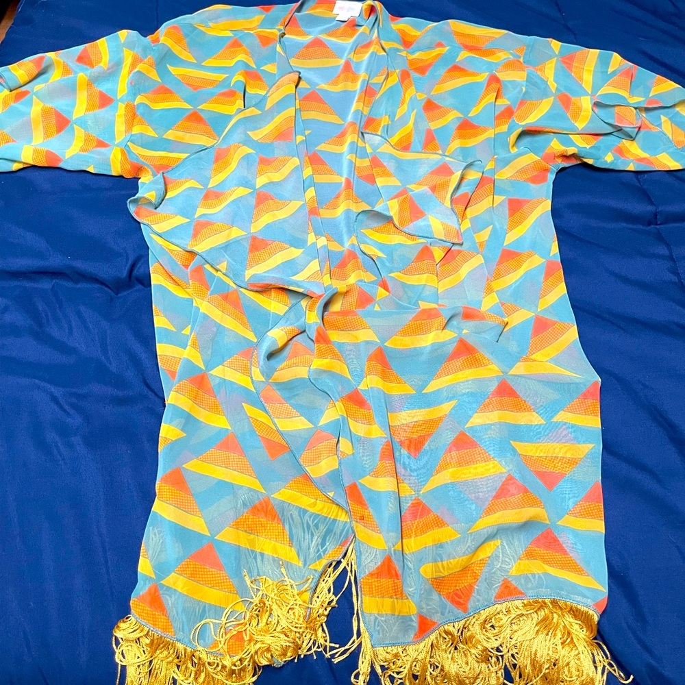 Lularoe Monroe Fringe Kimono Wrap Cover-Up sz M Blue & Gold Western Style Print